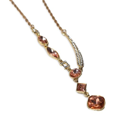 Gold Tone Pendant Necklace Rhinestone Pink Gems Asymmetrical Fashion Jewelry - Picture 4 of 10